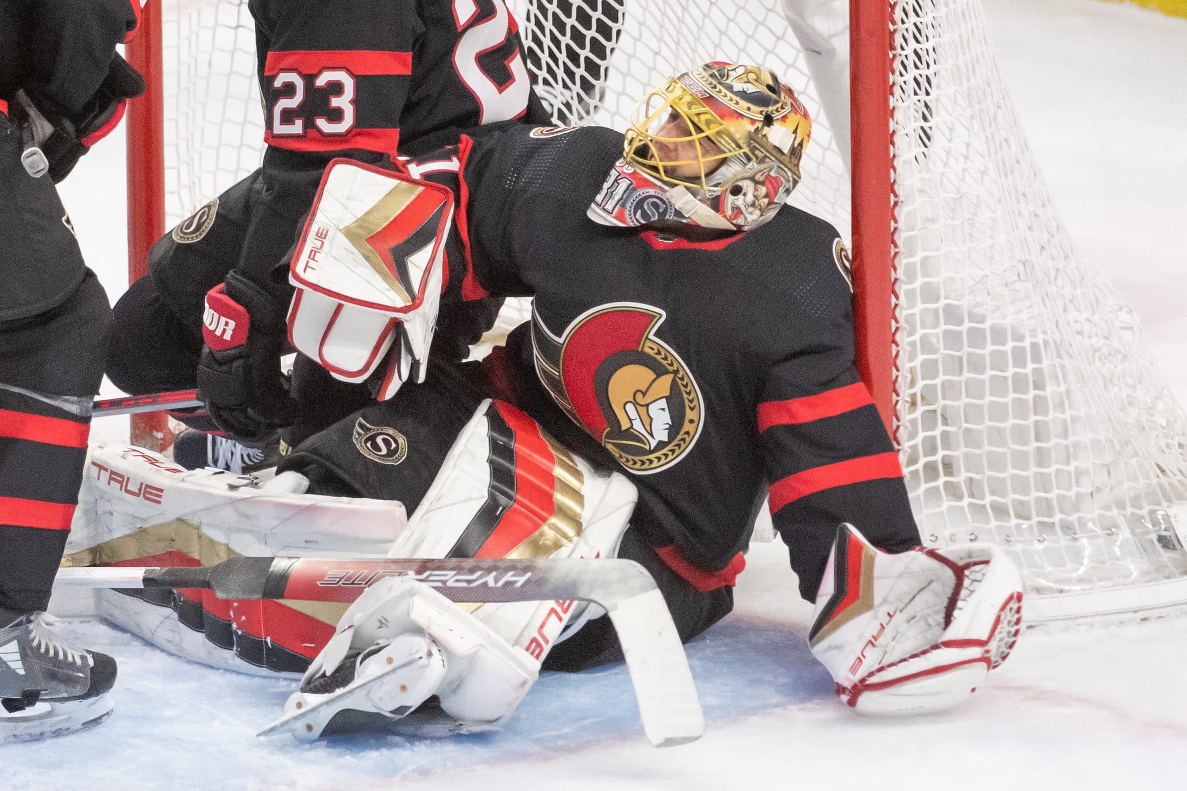 Ottawa Senators’ Anton Forsberg stretchered off after collision with Zach Hyman