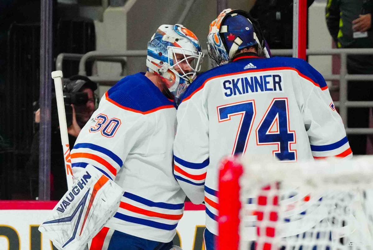 Edmonton Oilers goaltenders Calvin Pickard, Stuart Skinner