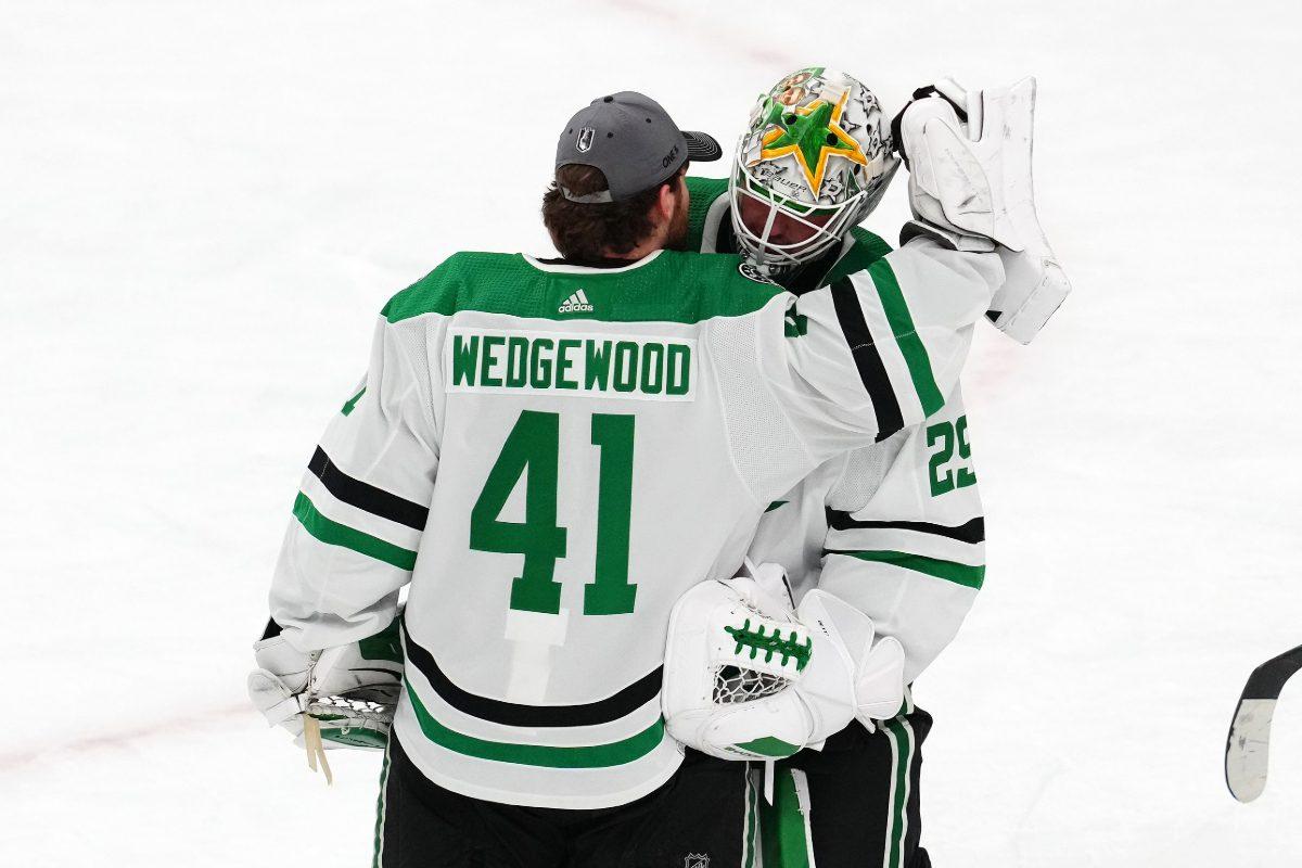 Dallas Stars goaltenders Scott Wedgewood and Jake Oettinger