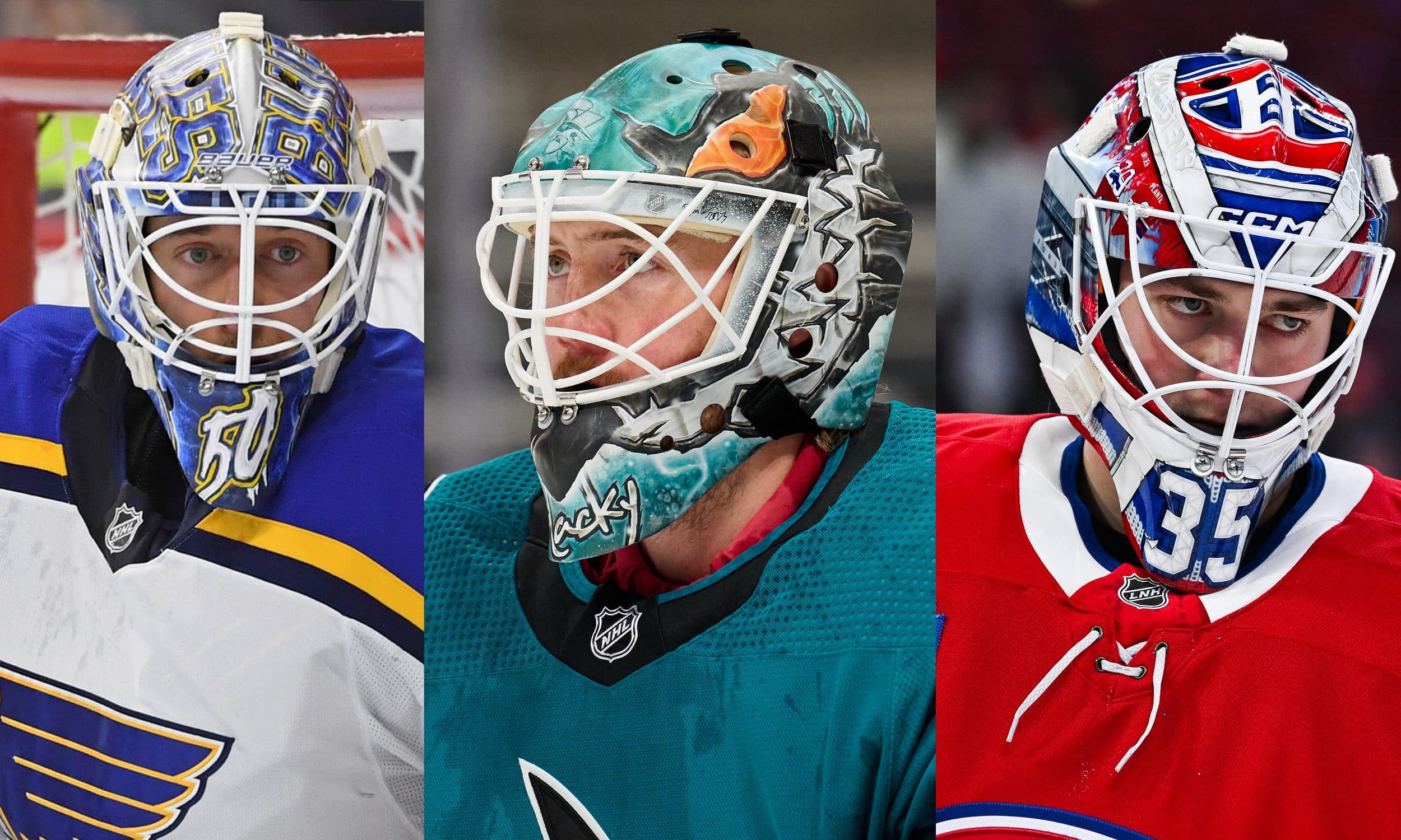 Jordan Binnington, Mackenzie Blackwood and Samuel Montembeault (Photos from Imagn Images)