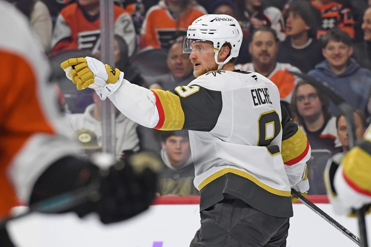 Vegas Golden Knights center Jack Eichel (9) celebrates his goal against the Philadelphia Flyers during the second period at Wells Fargo Center.