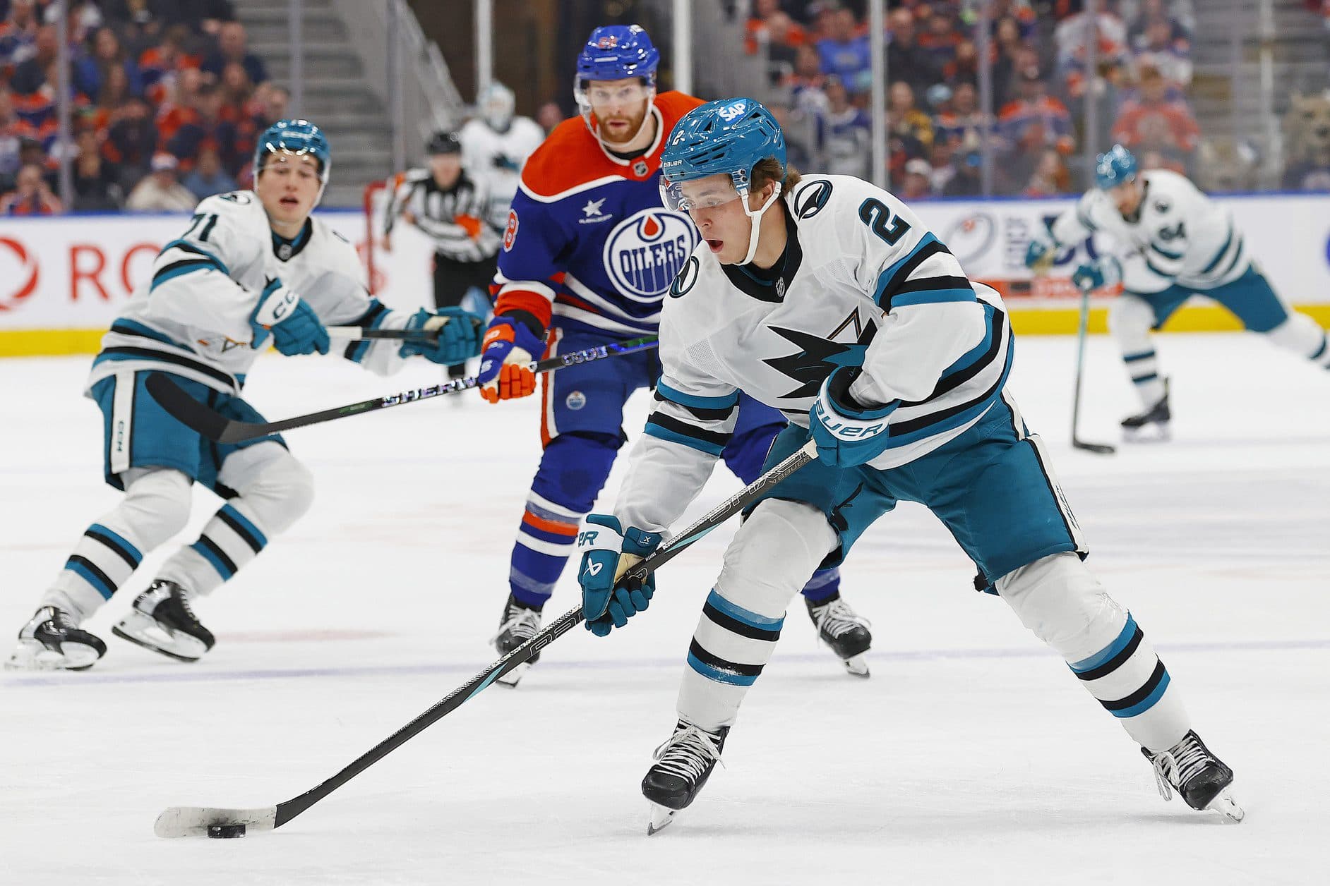 San Jose Sharks forward Will Smith (2) takes a shot ion front of Edmonton Oilers forward Connor Brown (28) during the second period at Rogers Place
