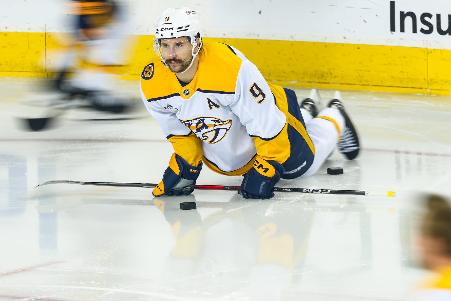 Nashville Predators left wing Filip Forsberg (9) during the warmup period against the Calgary Flames at Scotiabank Saddledome.