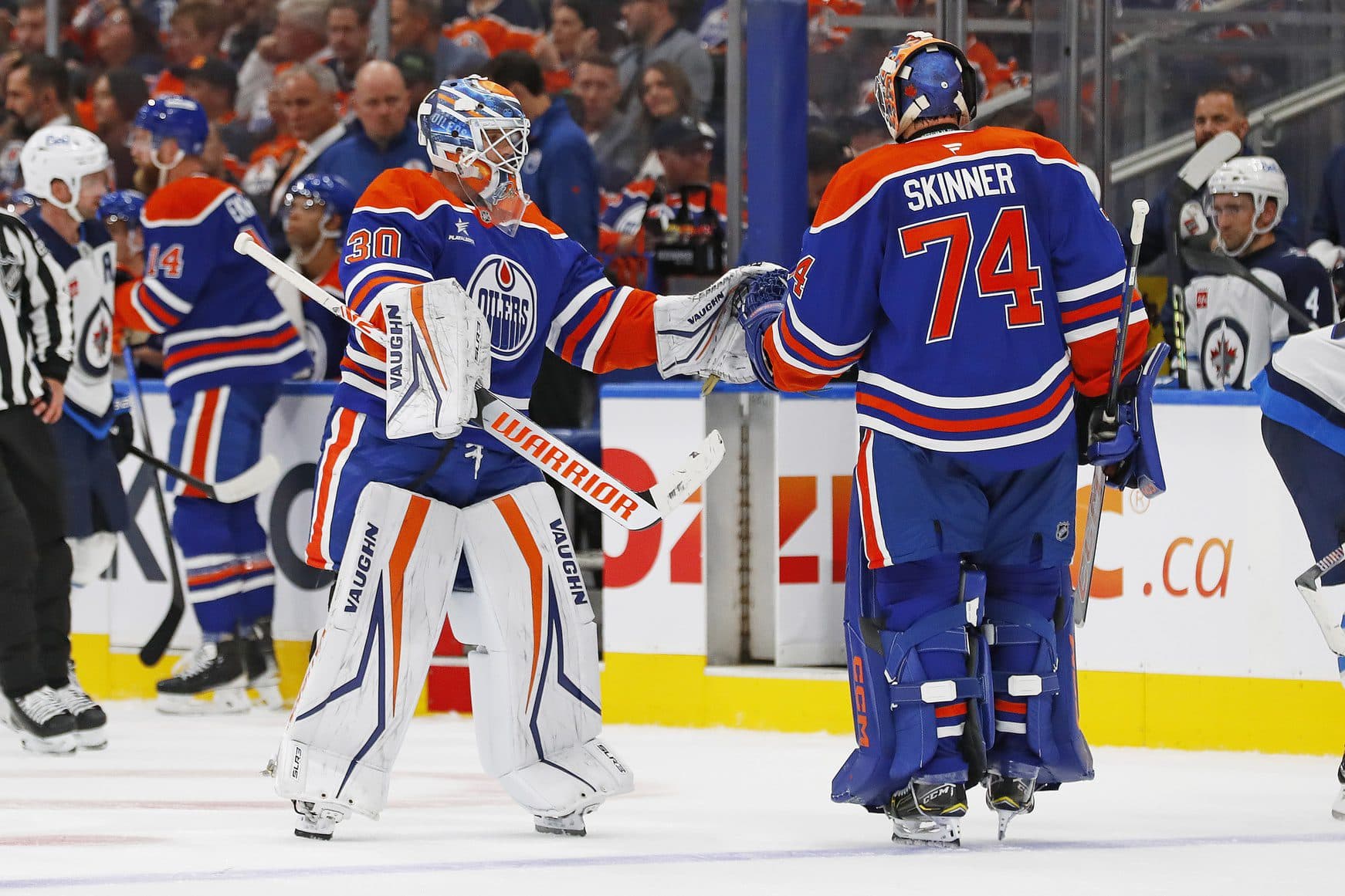 Edmonton Oilers goaltender Calvin Pickard (30) replaces goaltender Stuart Skinner (74) after he gave up 5 goals on 13 shots against the Winnipeg Jets at Rogers Place.