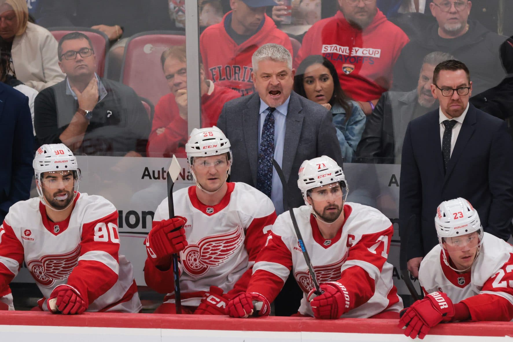 Detroit Red Wings head coach Todd McLellan reacts from the bench against the Florida Panthers during the second period at Amerant Bank Arena.