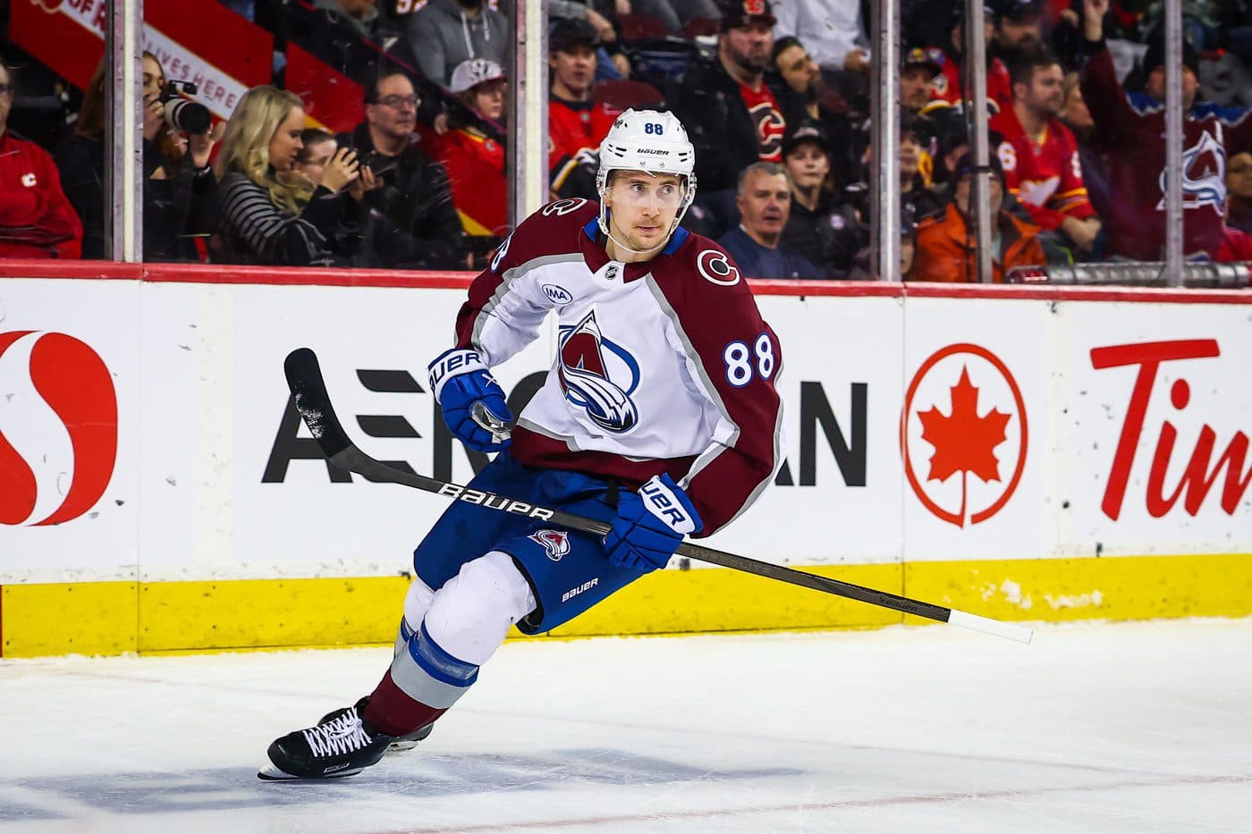 Colorado Avalanche center Martin Necas (88) celebrates his goal against the Calgary Flames during the third period at Scotiabank Saddledome