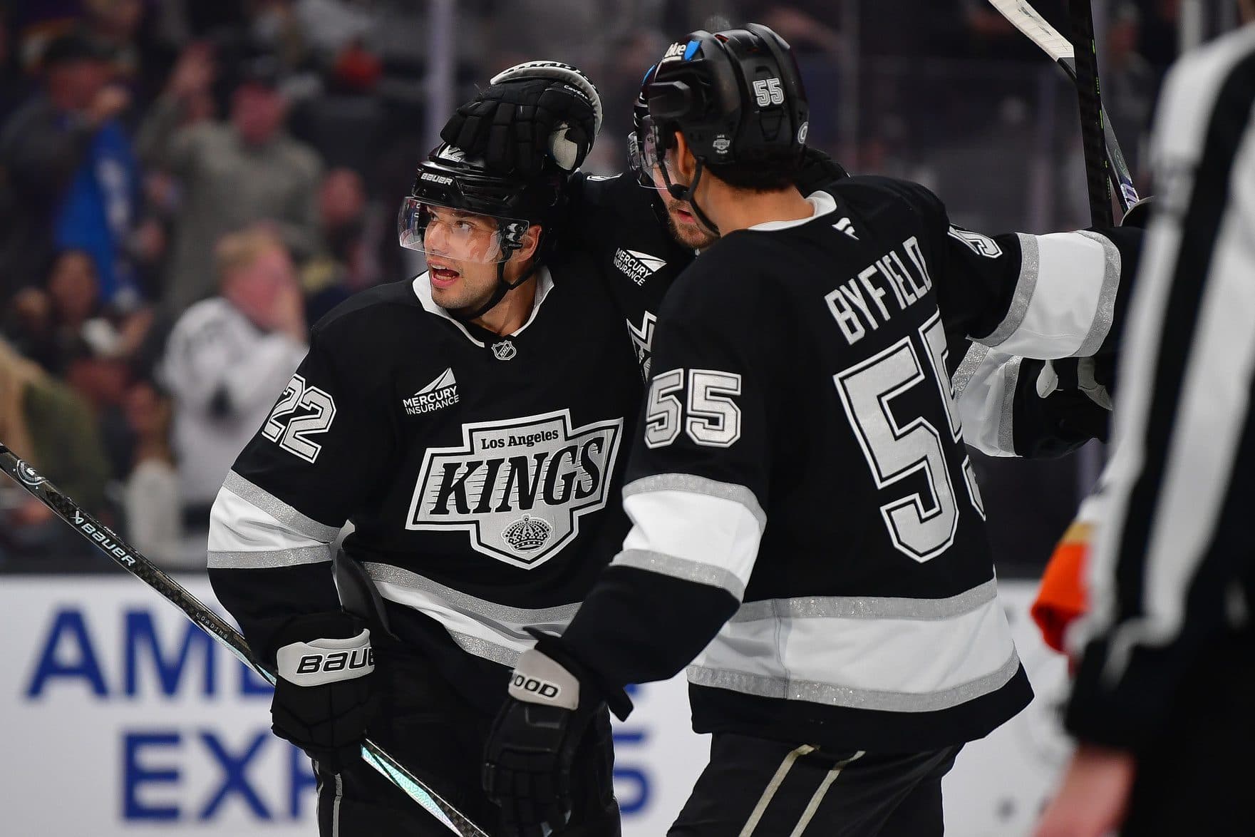 Los Angeles Kings left wing Kevin Fiala (22) celebrates his power play goal scored against the Anaheim Ducks with right wing Quinton Byfield (55) during the second period at Crypto.com Arena.