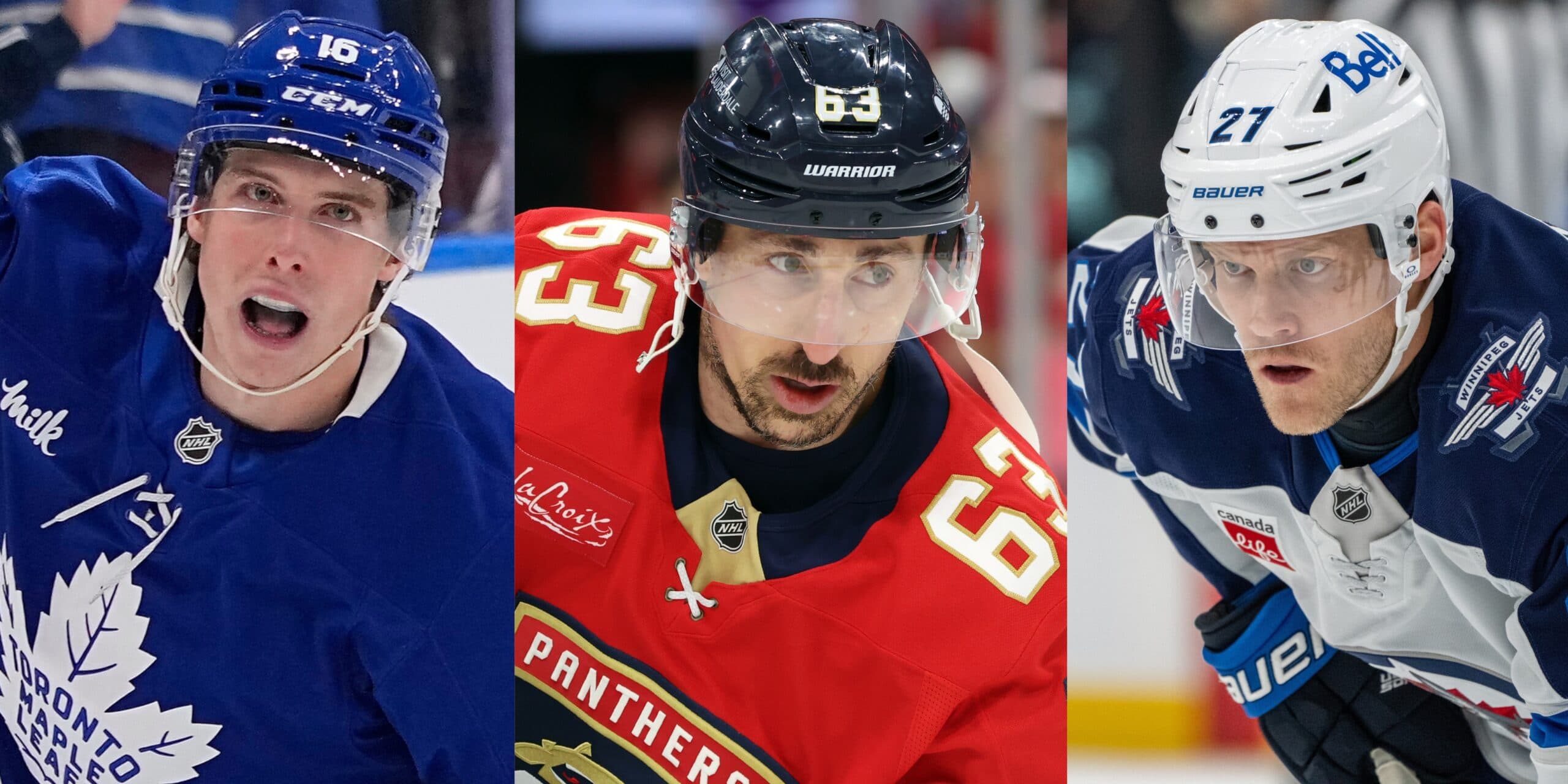 Mitch Marner, Brad Marchand and Nikolaj Ehlers (Imagn Images)