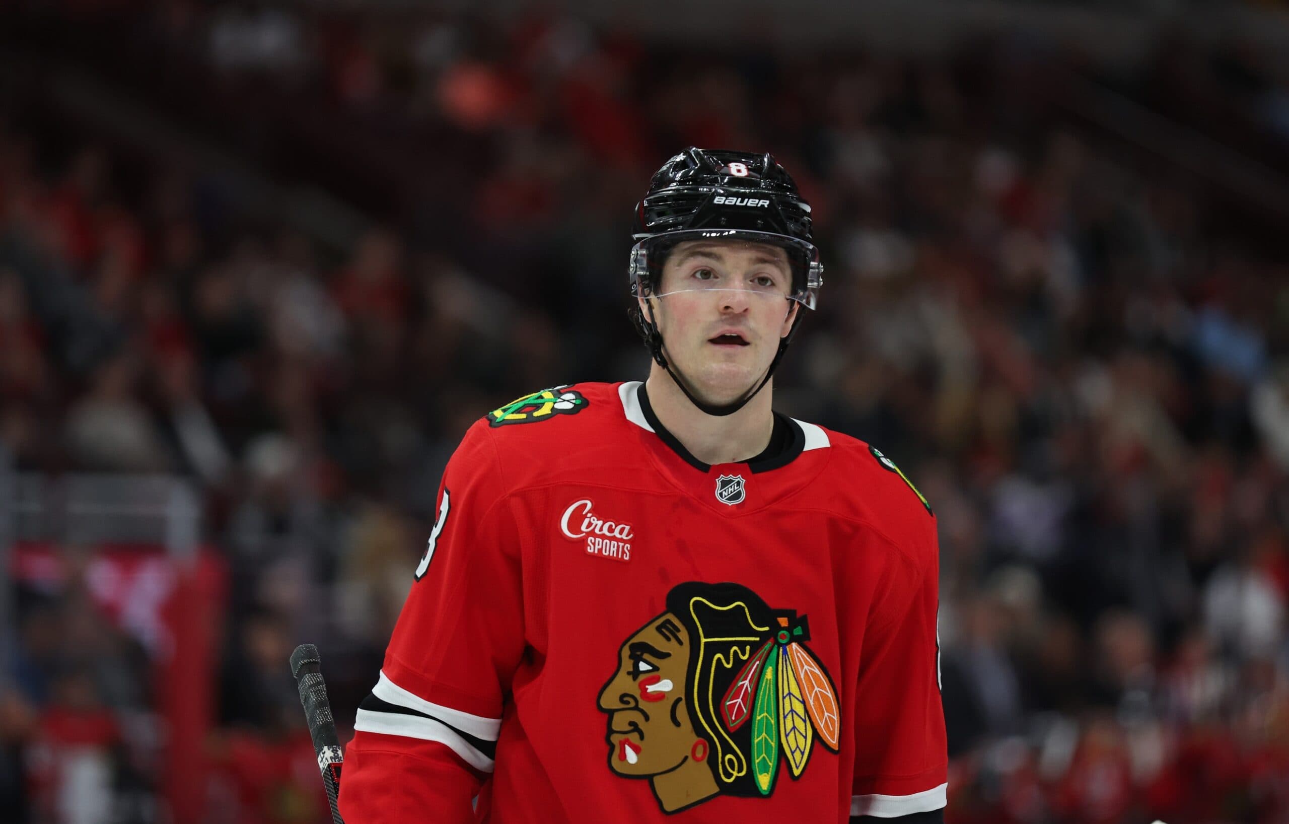 Chicago Blackhawks center Ryan Donato (8) waits for a faceoff during the first period against the Colorado Avalanche at United Center.
