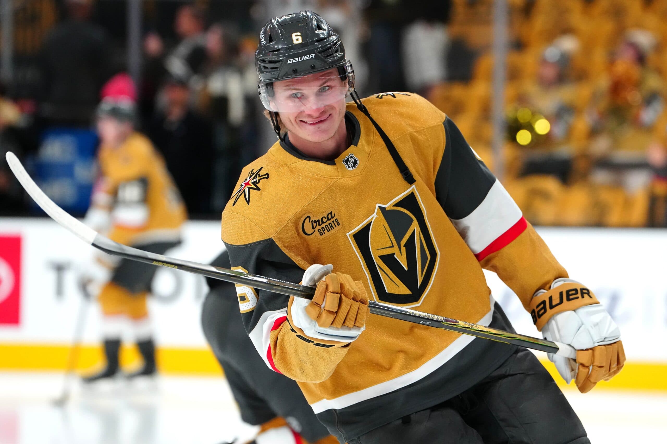 Vegas Golden Knights defenseman Kaedan Korczak (6) warms up before a game against the Edmonton Oilers at T-Mobile Arena.